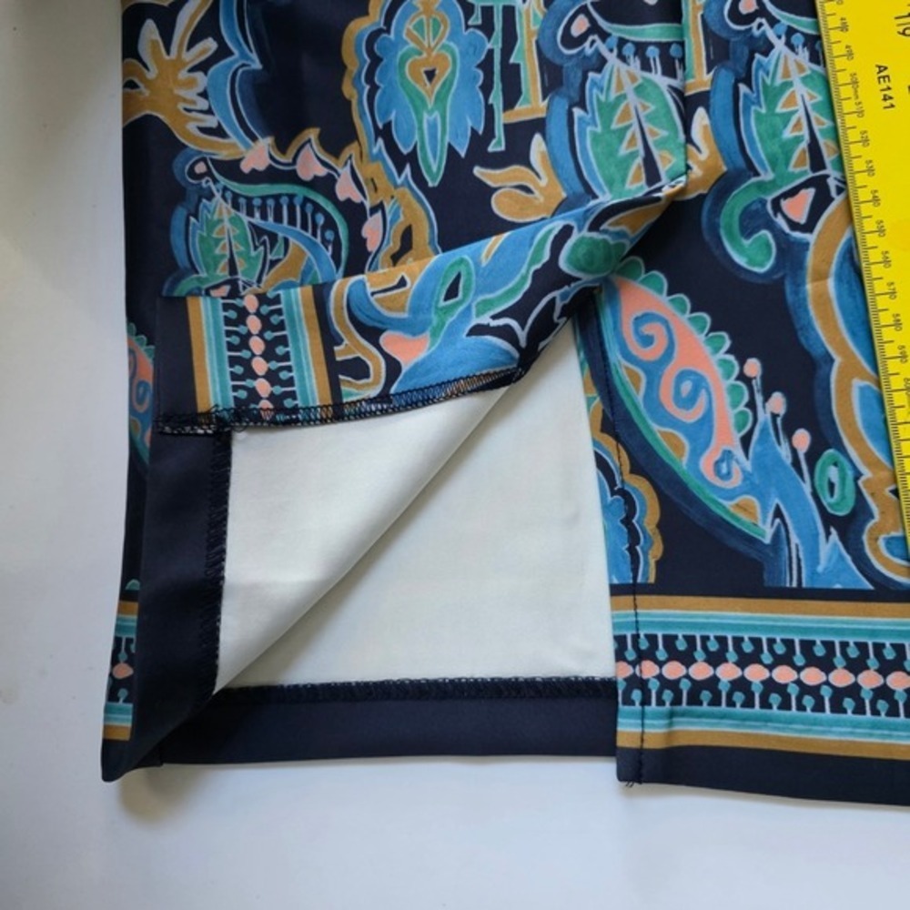 ECI New York Pencil Skirt Small S Blue Paisley Print Skirt Slit Back - Picture 7 of 7